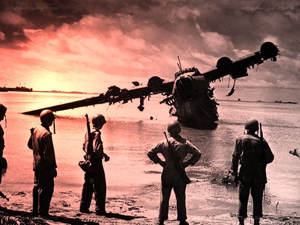 Soldiers view crashed plane on beach
