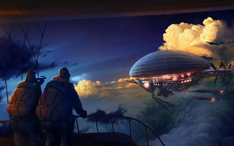 Soldiers watch airship at night