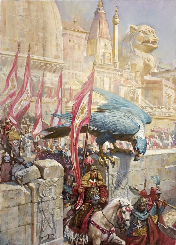 Soldiers with a falcon in a city