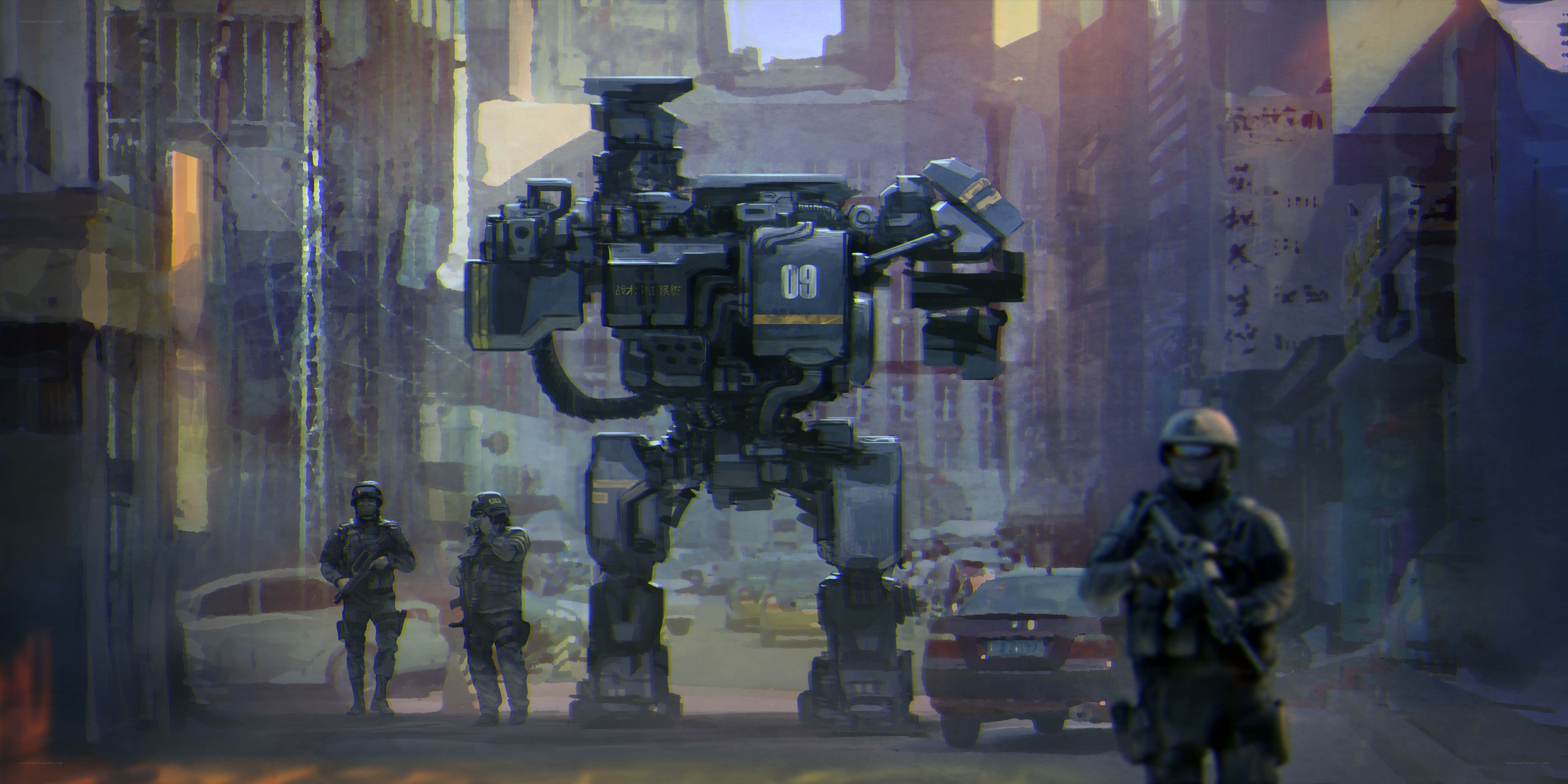 Soldiers with a giant robot