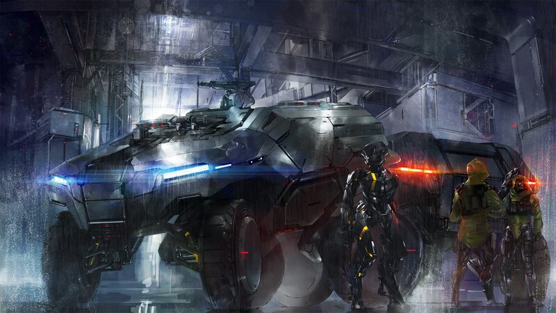 Soldiers with Armored Vehicle — Gray, Dramatic