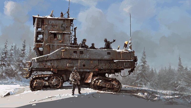 Soldiers with armored vehicle in snow