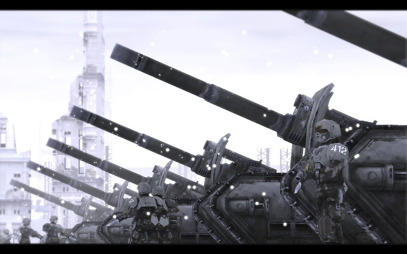 Soldiers with artillery in snow
