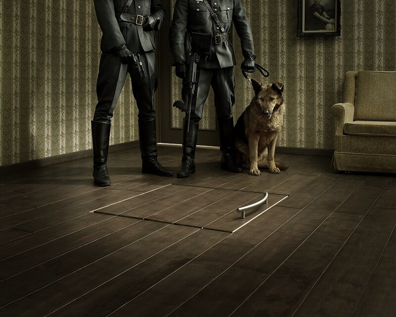 Soldiers with dog in room