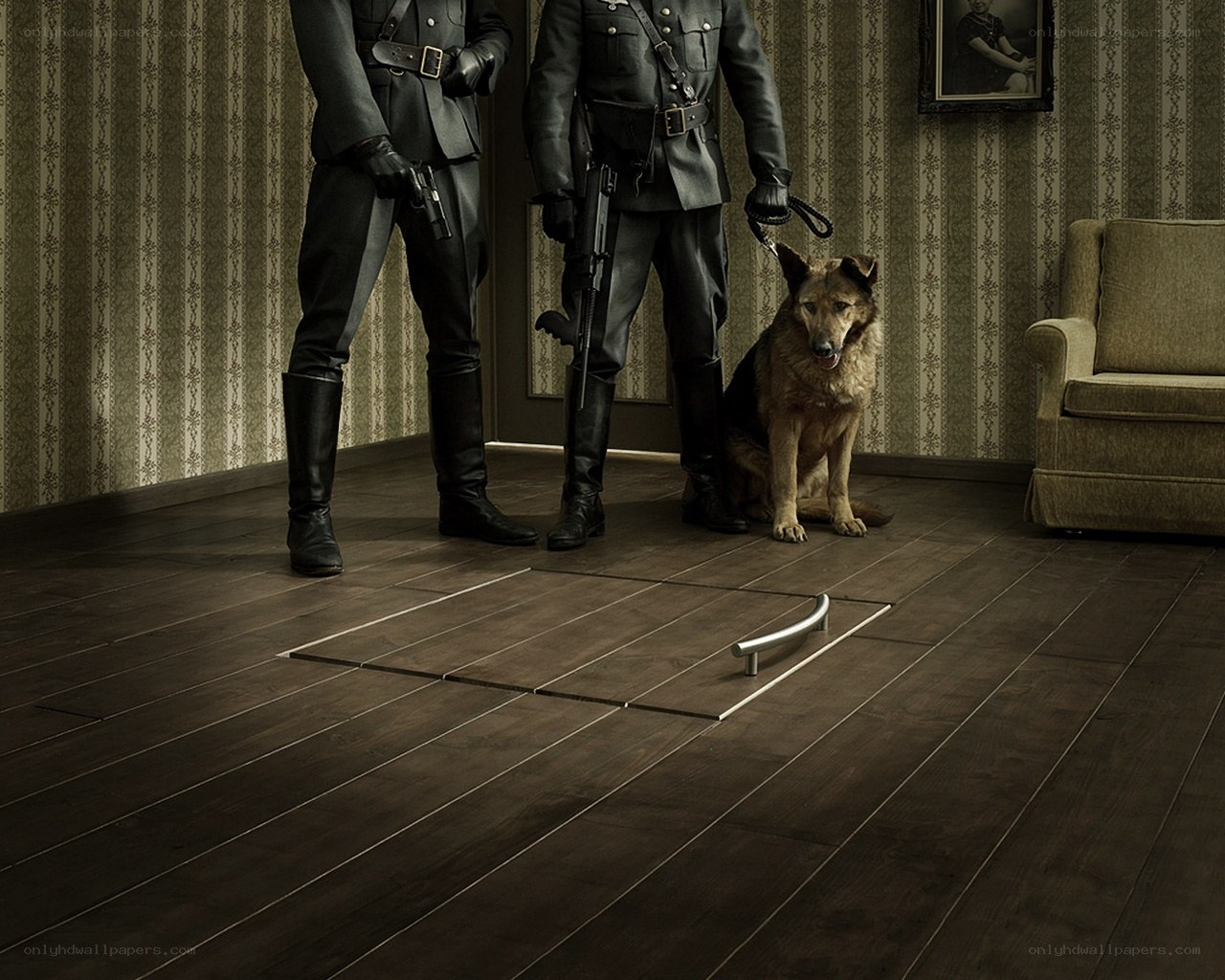 Soldiers with dog in room