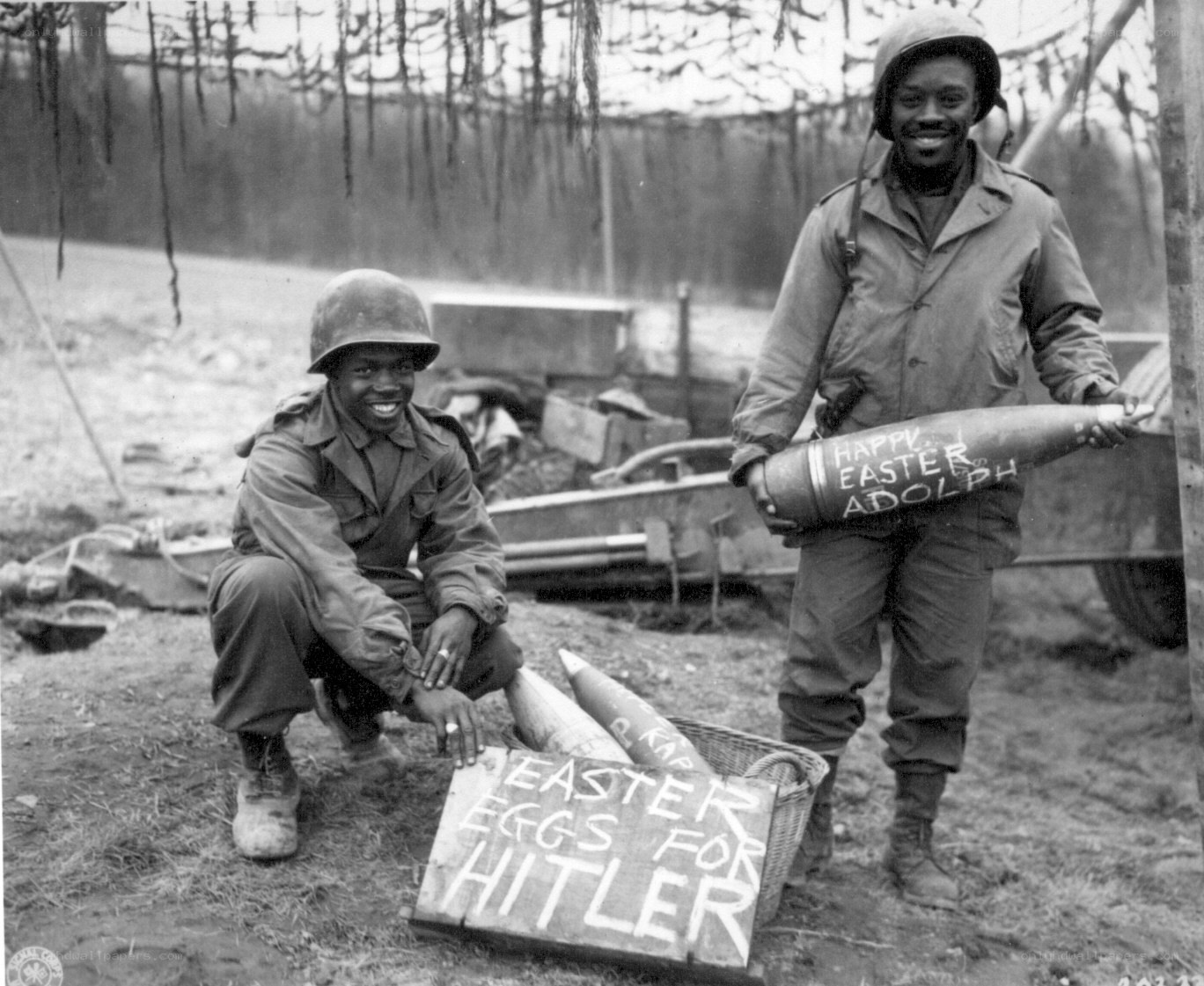 Soldiers with Easter-themed artillery