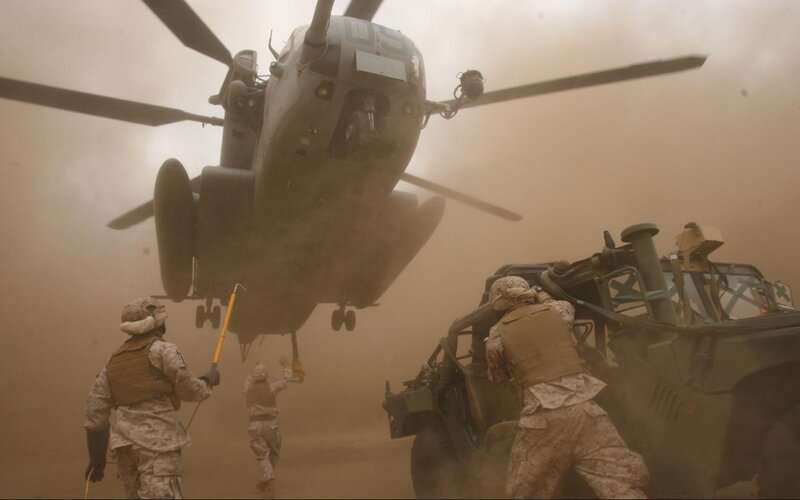 Soldiers with Helicopter — Brown, Dramatic, Photograph