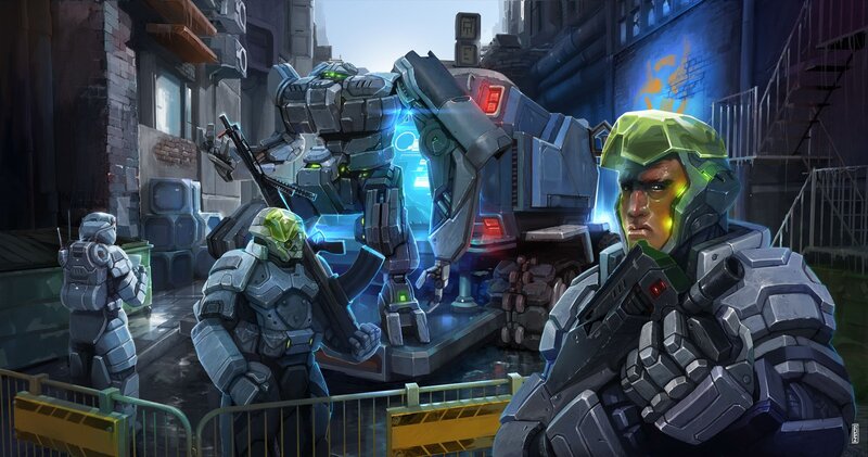 Soldiers with mechs in alley