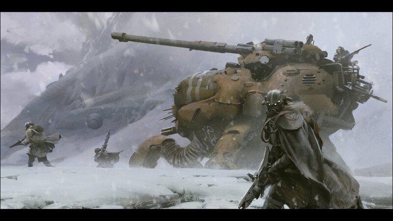 Soldiers with Mechs in Snow — White, Dramatic