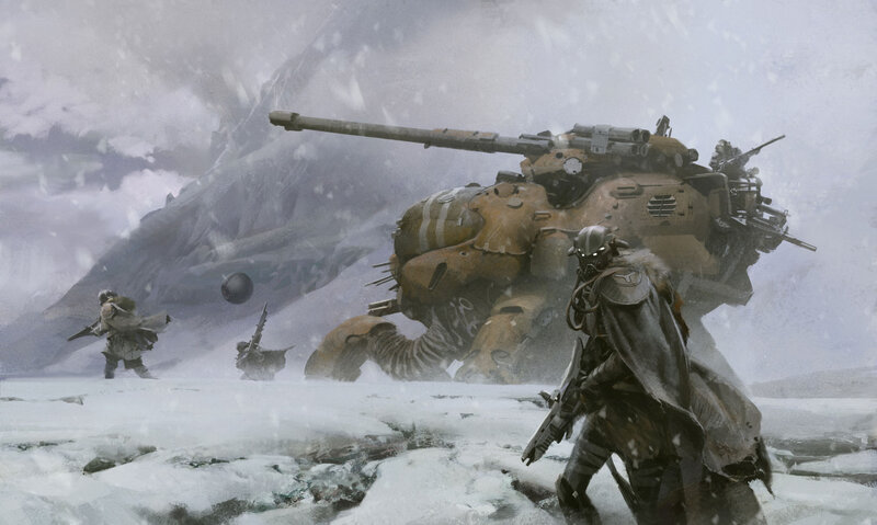 Soldiers with Tank in Snow — White, Dramatic