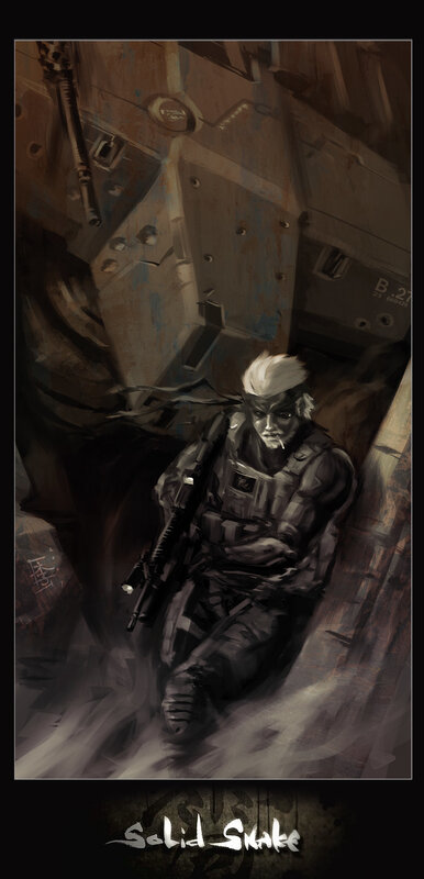 Solid Snake in a war-torn corridor