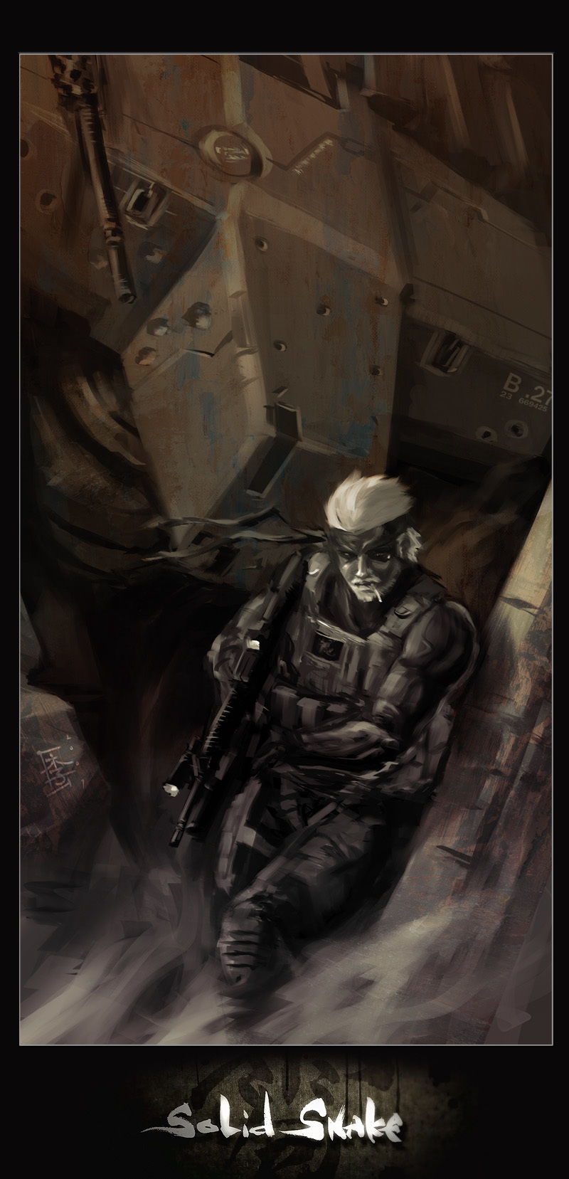 Solid Snake in a war-torn corridor