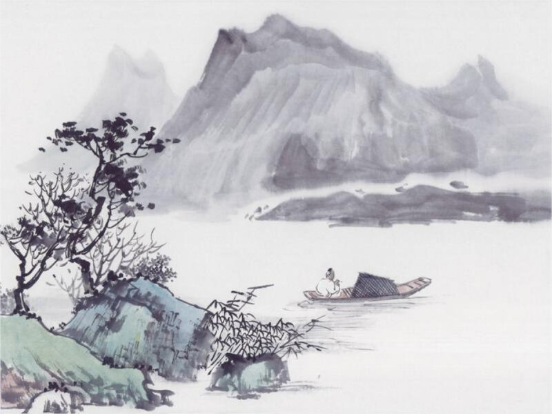 Solitary boat on a misty river
