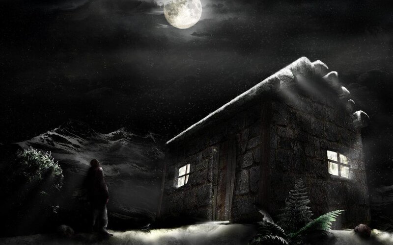 solitary cabin under moonlight