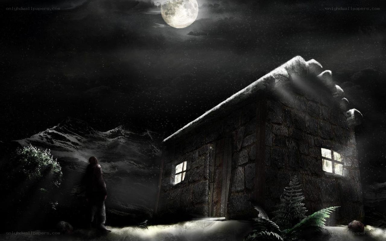 solitary cabin under moonlight