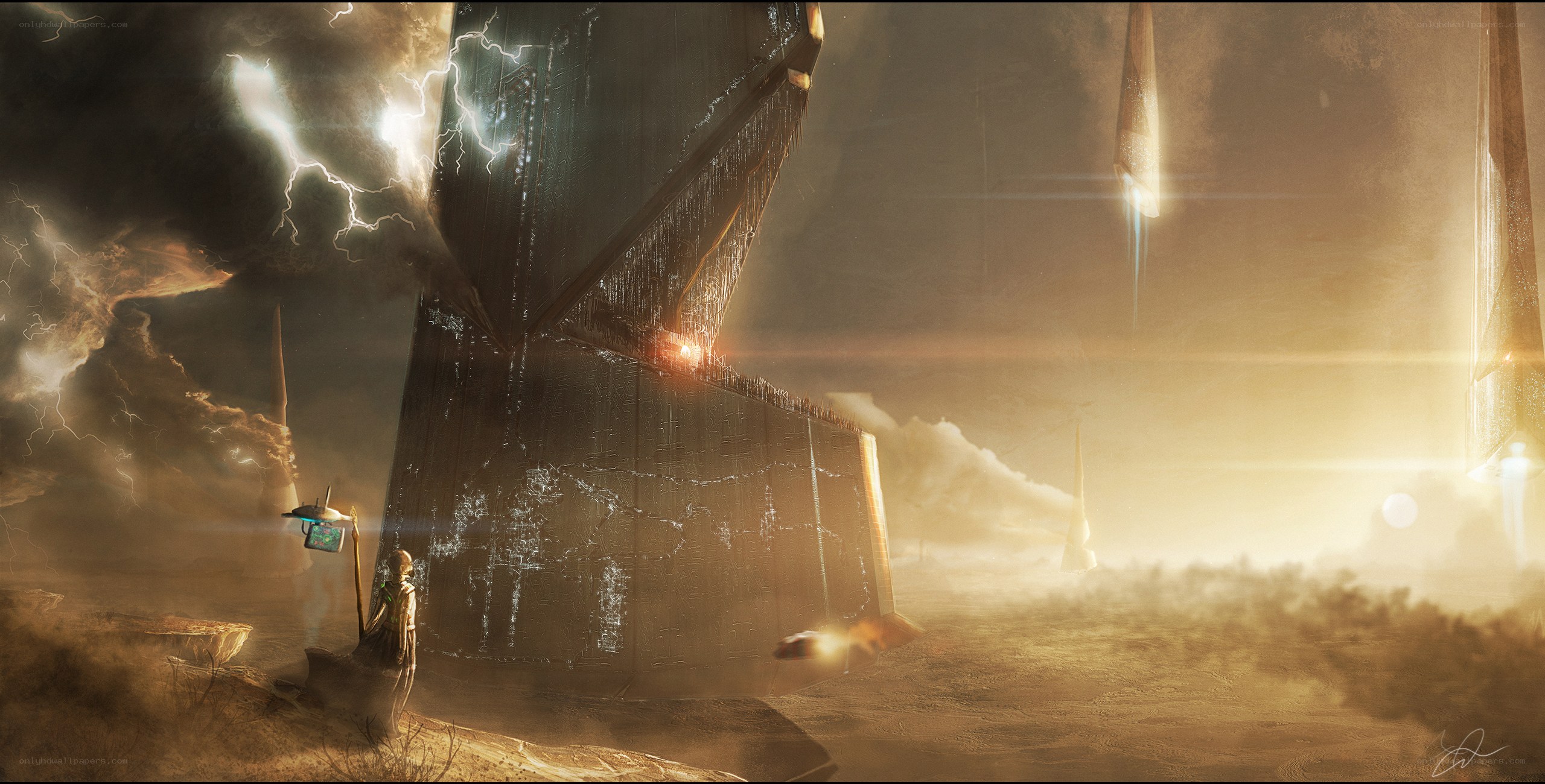 Solitary figure before ancient monolith
