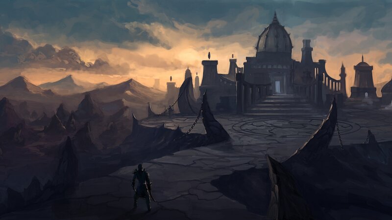 solitary figure before ancient ruins