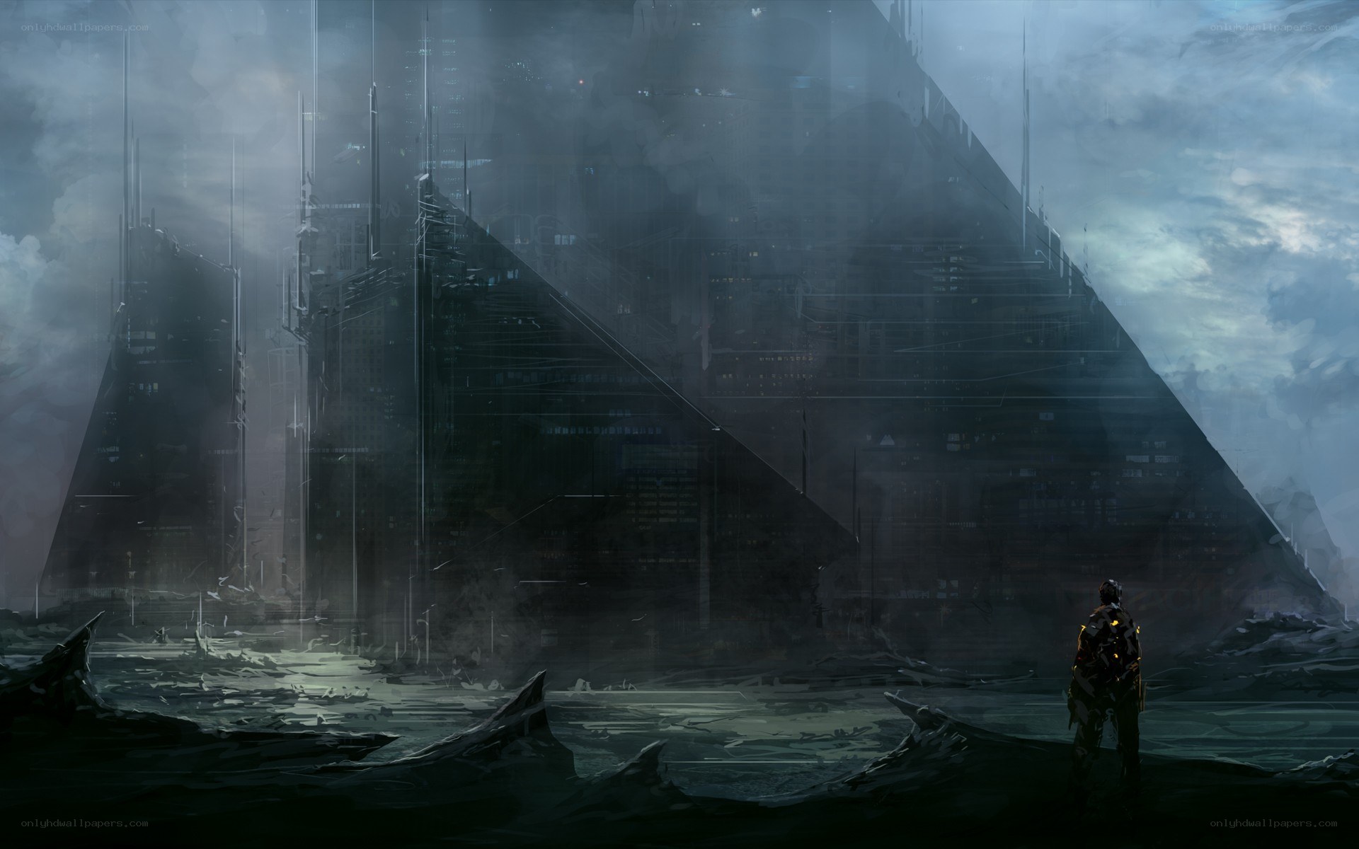 solitary figure before pyramid city
