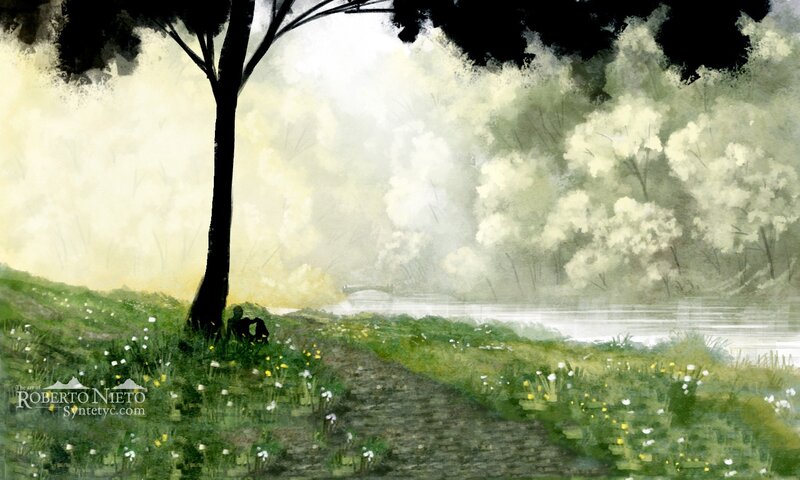 Solitary figure by a river