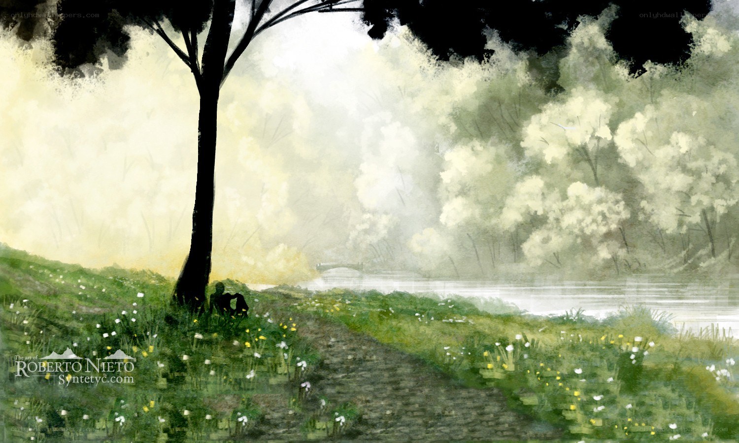 Solitary figure by a river