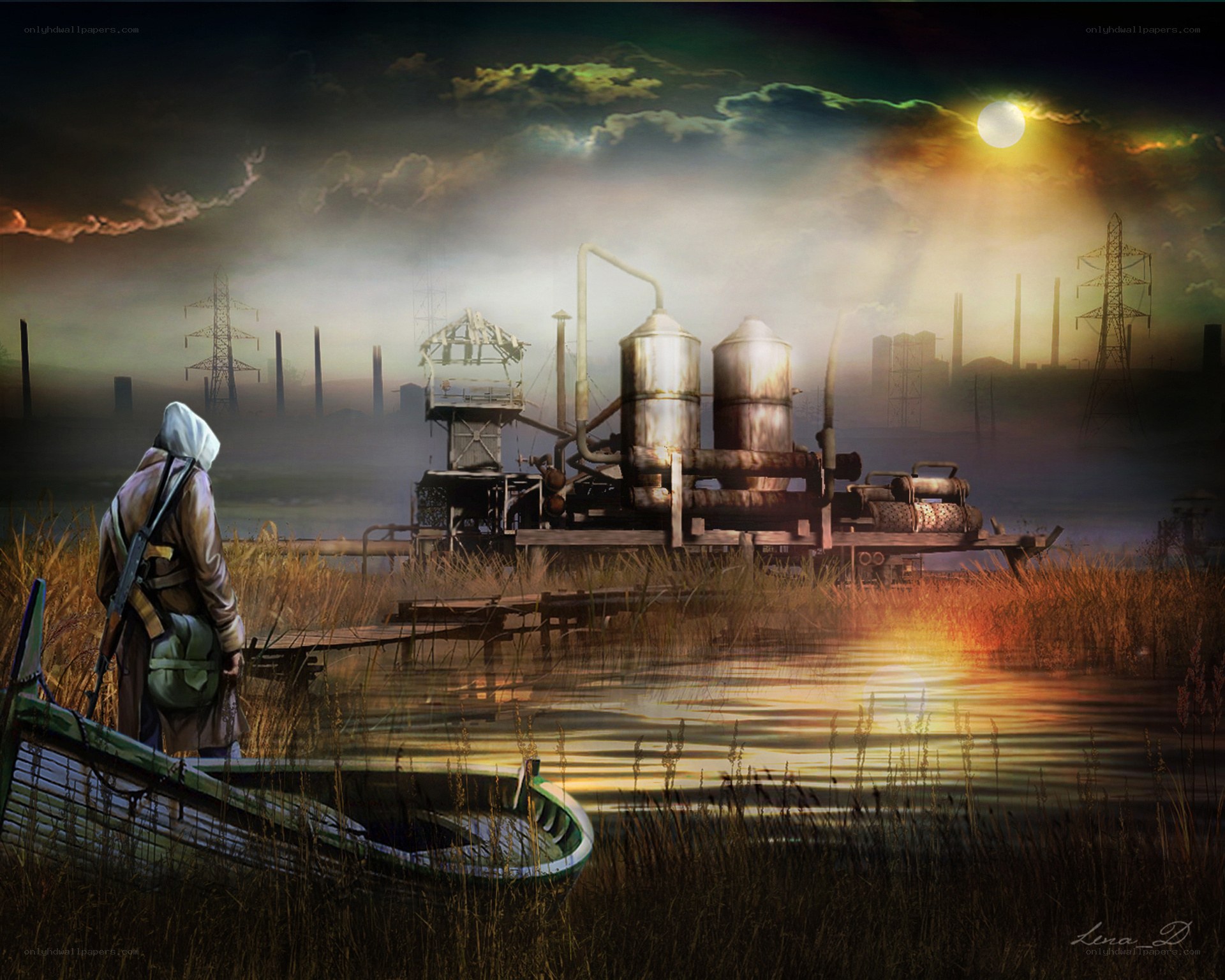 Solitary figure by industrial dock