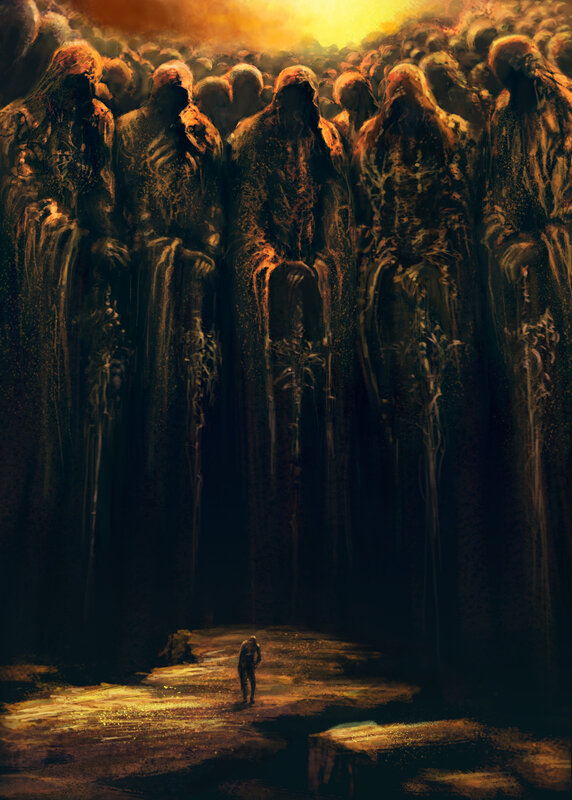Solitary Figure Facing Giants