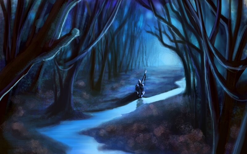 Solitary figure in a blue forest