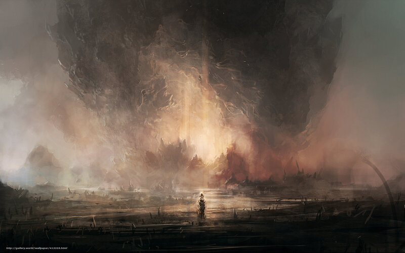 Solitary figure in a desolate landscape