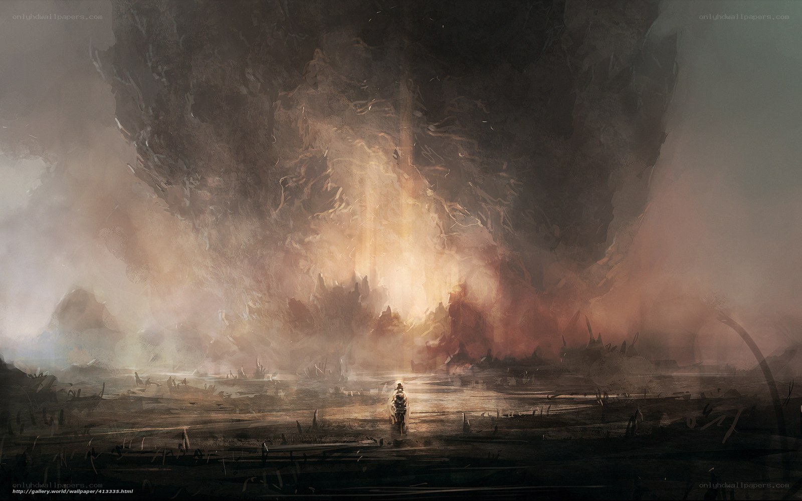 Solitary figure in a desolate landscape