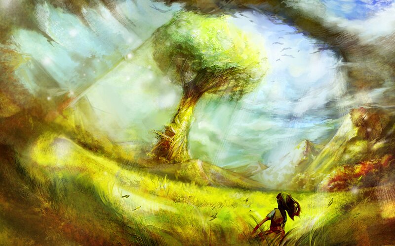 solitary figure in a dreamy landscape