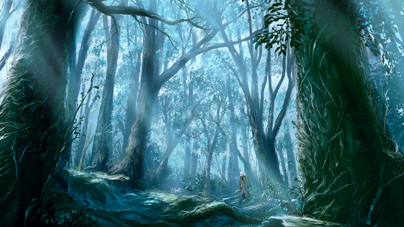 solitary figure in a misty forest
