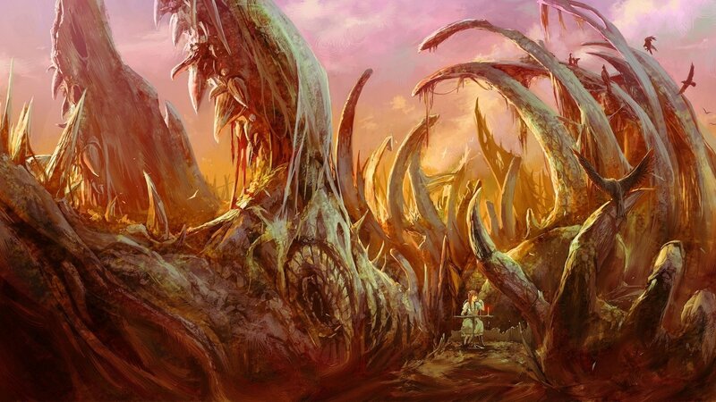 solitary figure in a monstrous landscape