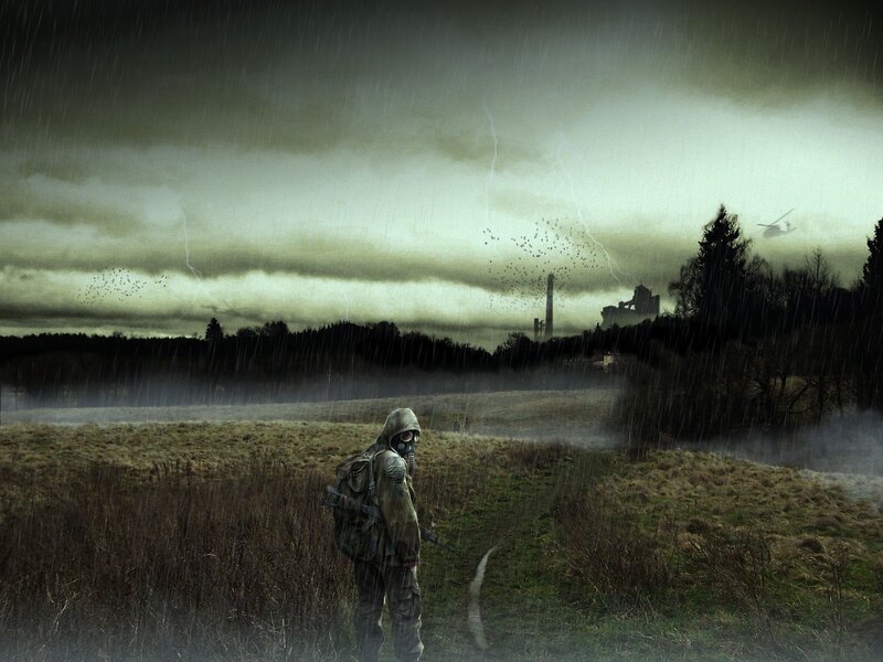 Solitary figure in a post-apocalyptic landscape