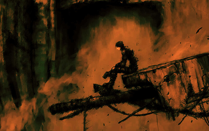 solitary figure in a ruined landscape