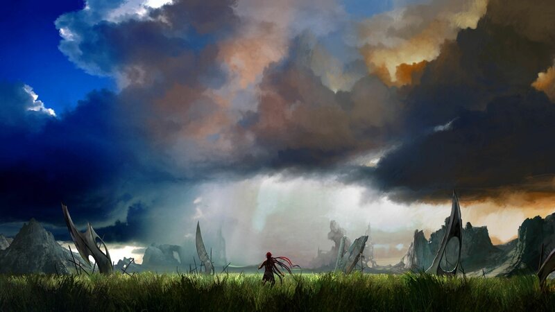 solitary figure in a stormy landscape