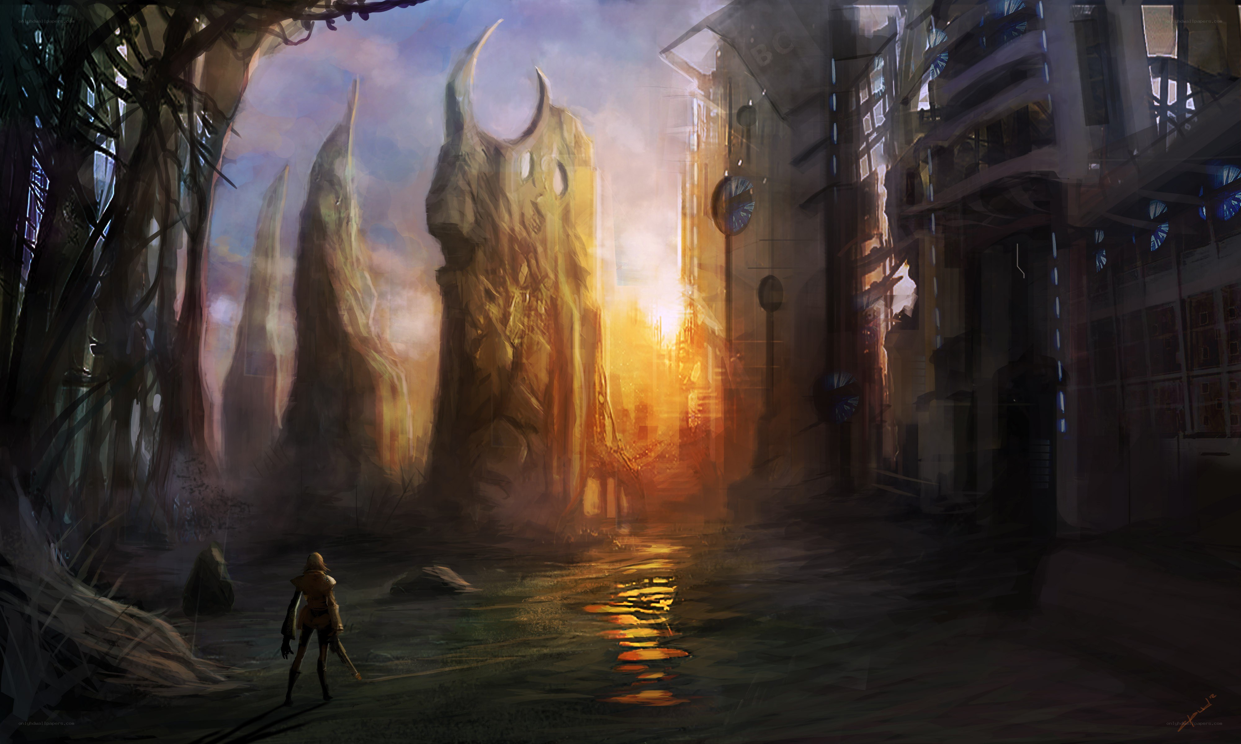 solitary figure in alien city