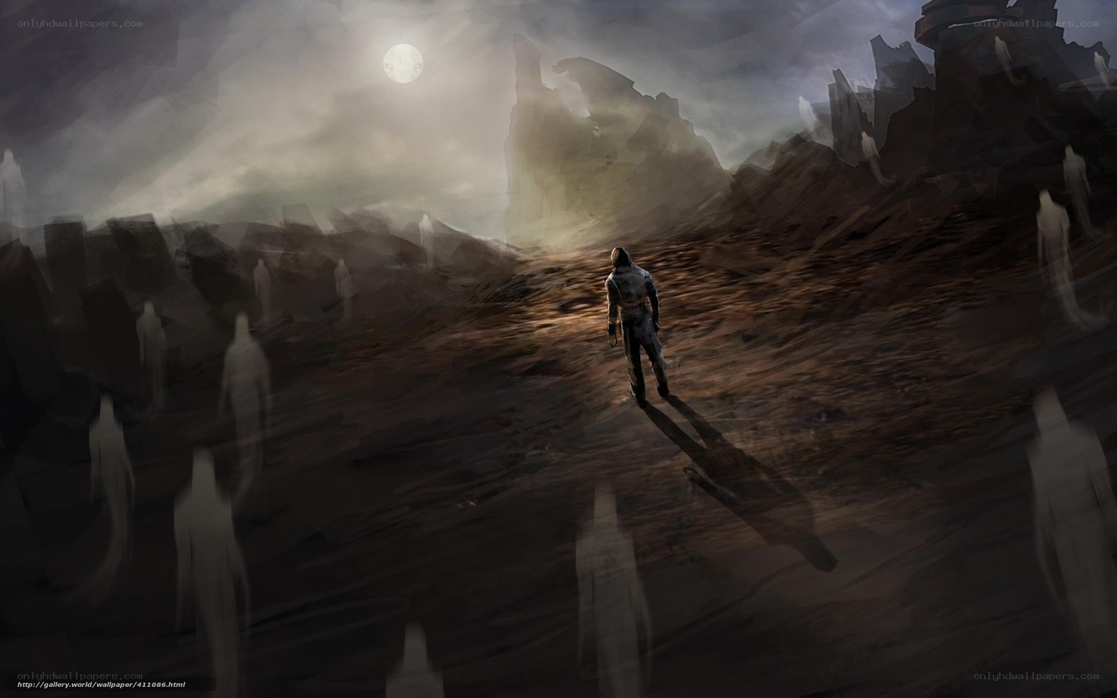 solitary figure in desolate landscape