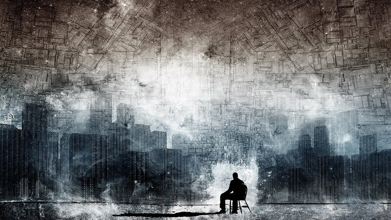 solitary figure in digital city