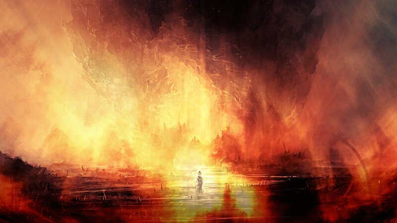 solitary figure in fiery landscape