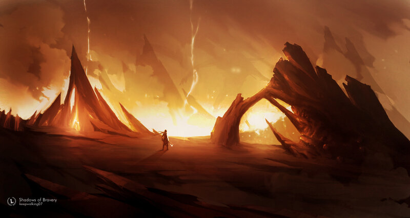 Solitary figure in fiery landscape
