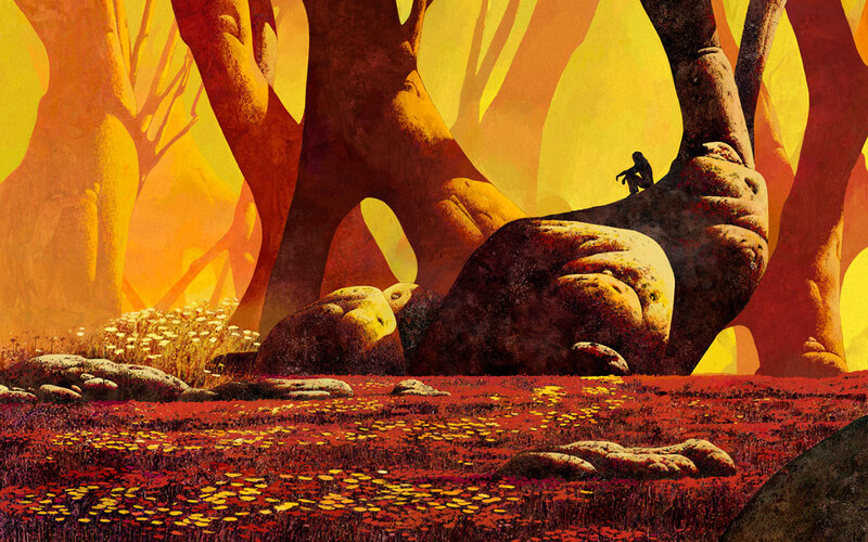 solitary figure in golden forest