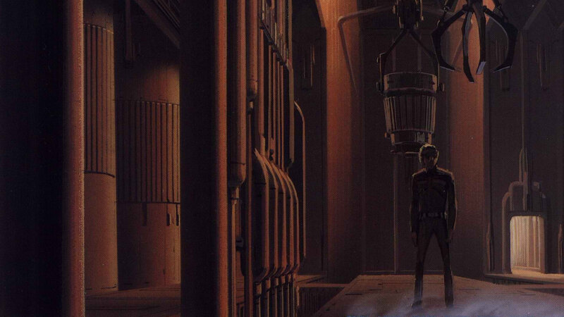 solitary figure in industrial corridor