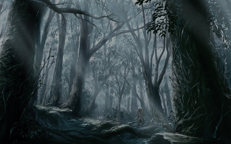 solitary figure in misty forest