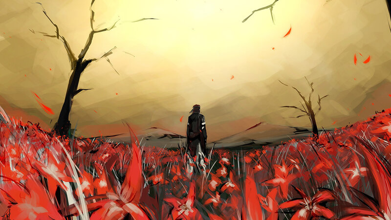 solitary figure in red field