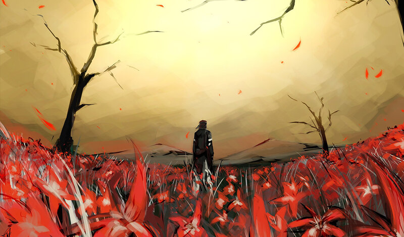 solitary figure in red field