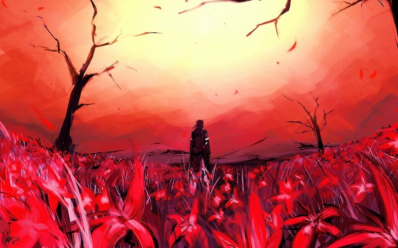 solitary figure in red field