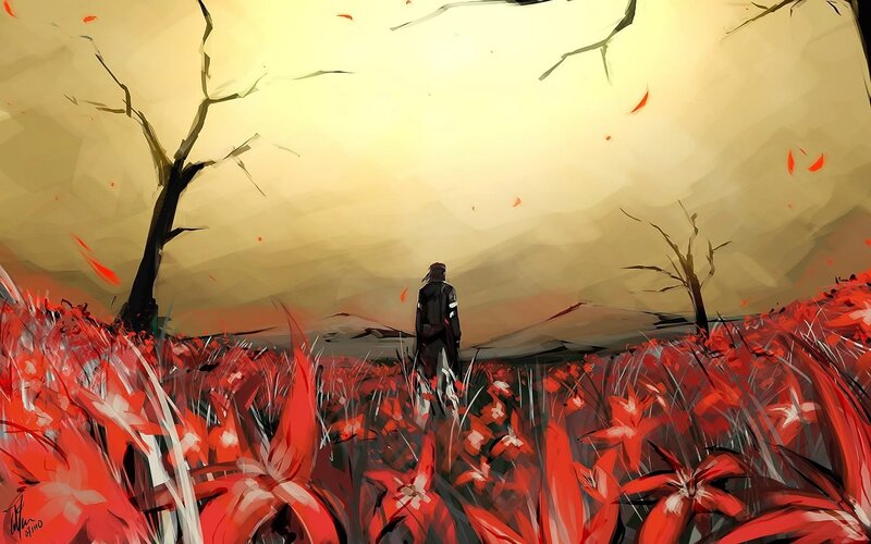 solitary figure in red field