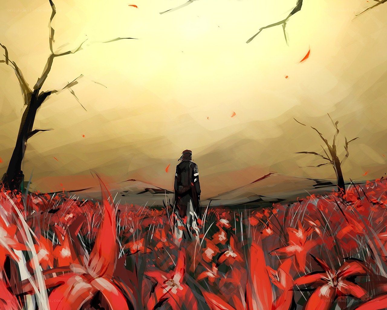 solitary figure in red field