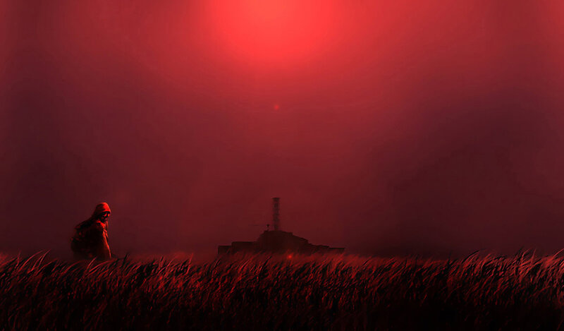 Solitary figure in red haze
