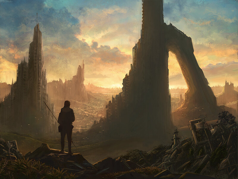 solitary figure in ruined city